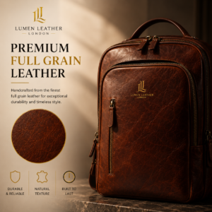 Leather Backpack, Multiple Compartments with Brass Zippers